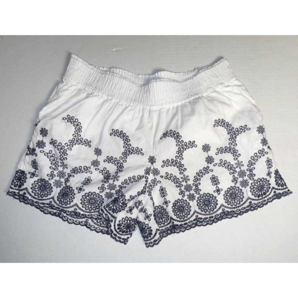 J Crew Medium Shorts Blue/White Floral Eyelet Embroidered Elastic Waist Linen Bl - Picture 3 of 11